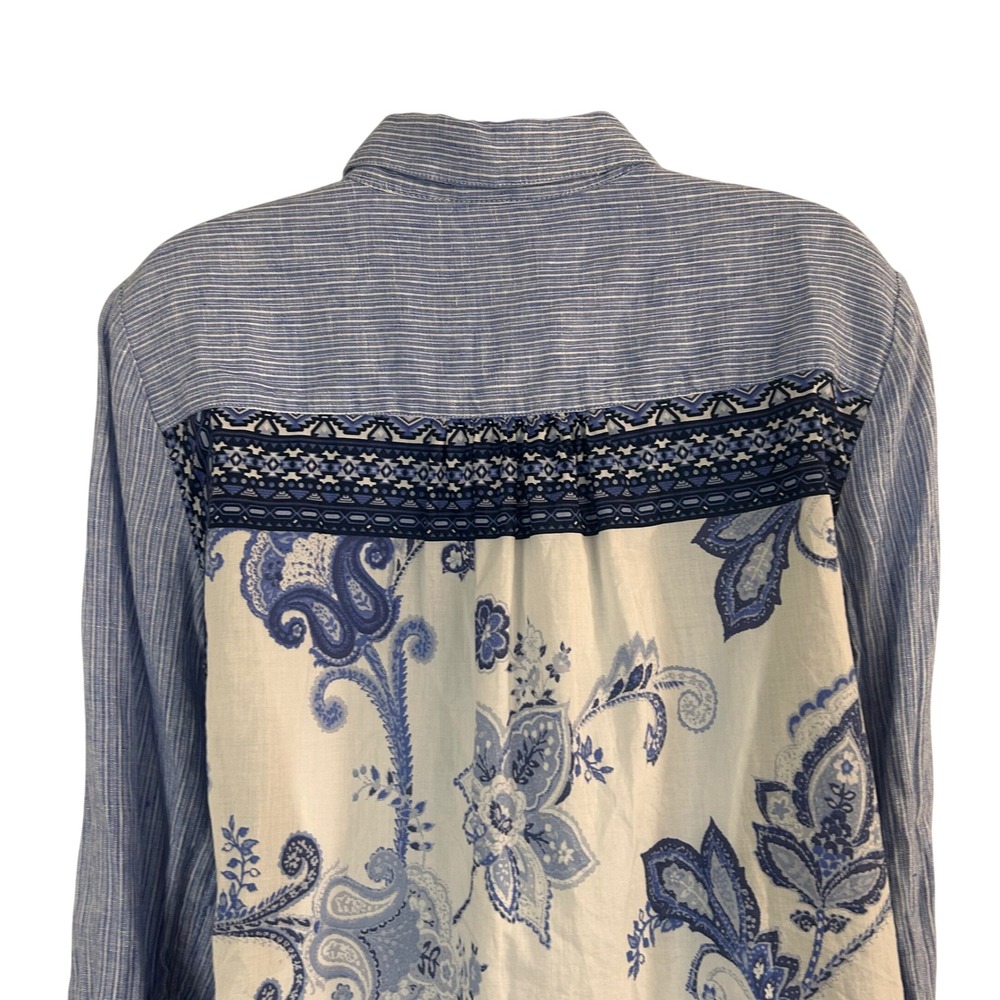 Charter Club Women's M Blue White Striped Paisley Mixed Media Linen Button Down